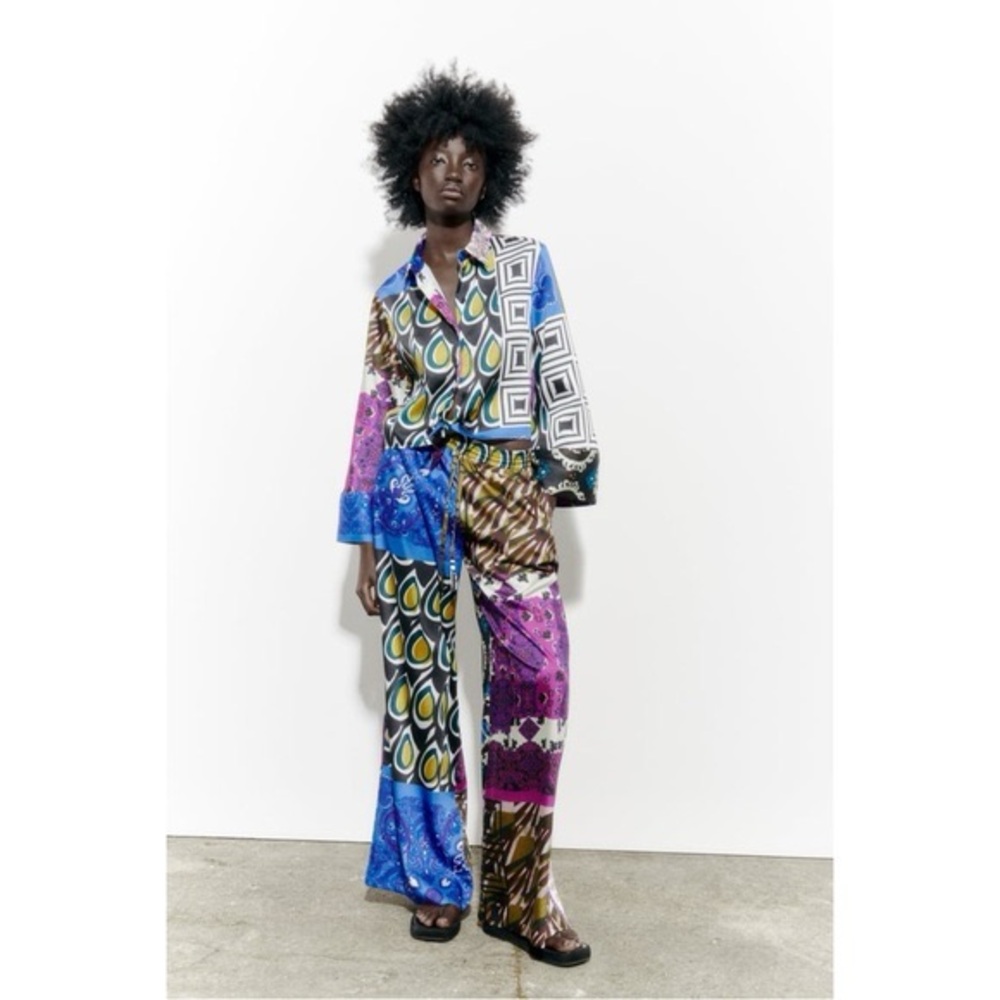 Zara Black, Blue, Green & Yellow Printed Satin Button-Up Set. Top S pants M